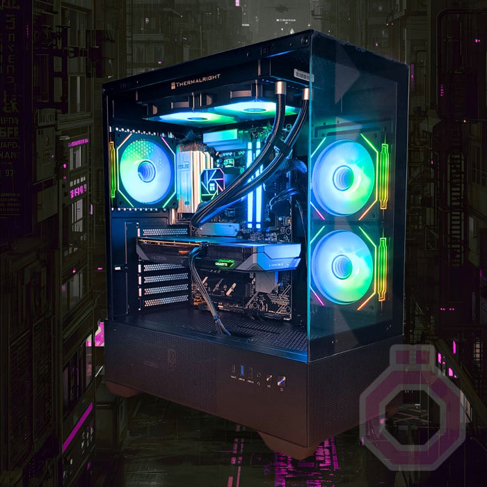 VÖXBURG Tower 9 gaming PC, front three-quarter view of the finished build
