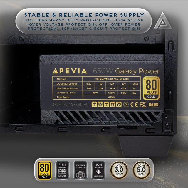 Apevia Galaxy series fully modular ATX power supply, front angle with detached cables