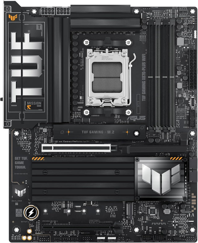 ASUS TUF Gaming X870-PLUS WiFi AM5 motherboard, top-down view of VRM heatsinks and M.2 covers