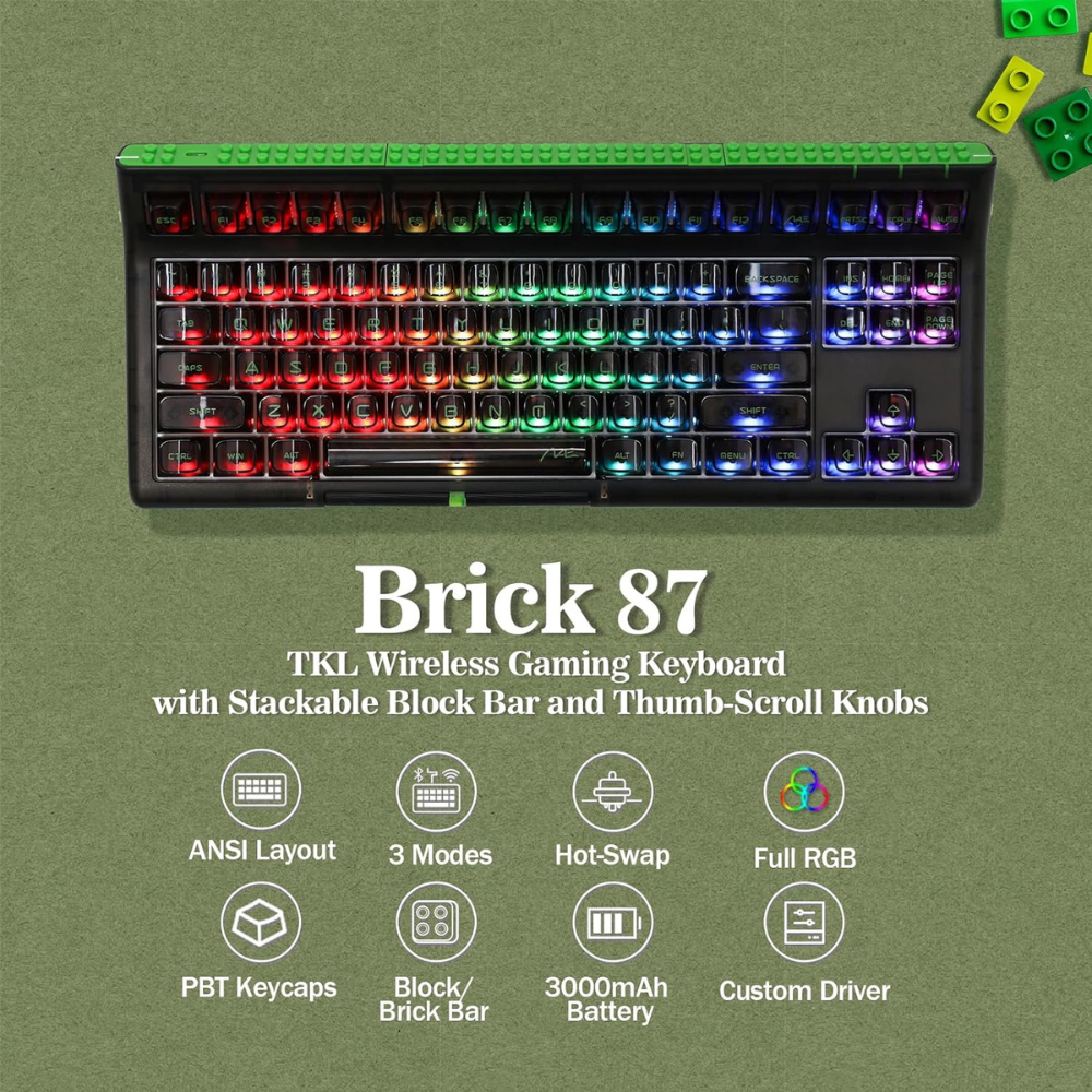 EPOMAKER Brick 87 Tri-Mode TKL Hot Swappable Mechanical Keyboard (Clear Black, Flamingo Switch)