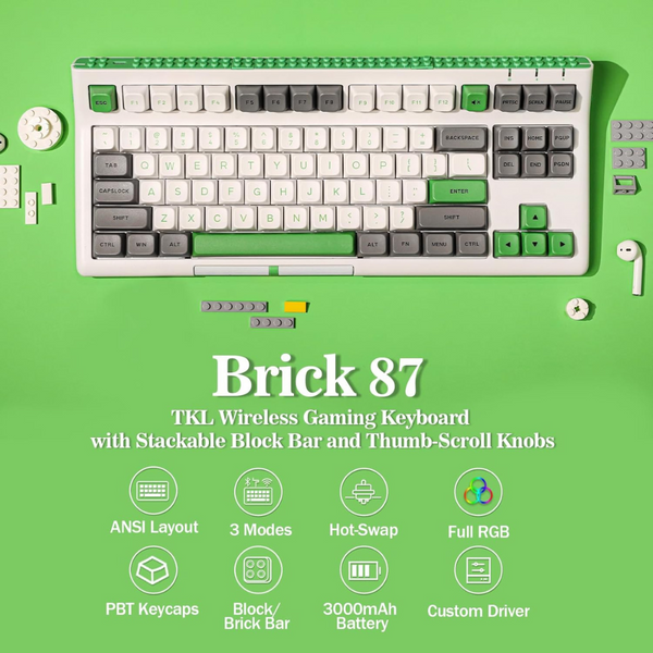 EPOMAKER Brick 87 Tri-Mode TKL Hot Swappable Mechanical Keyboard (Grey Green, Gateron Pro Yellow)