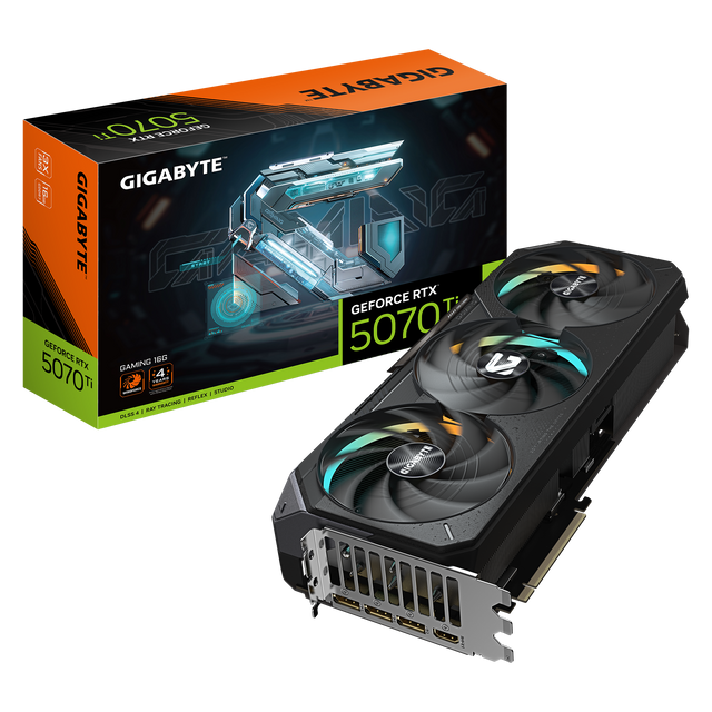 GIGABYTE GeForce RTX 5070 Ti GAMING 16G graphics card, triple-fan cooler front view