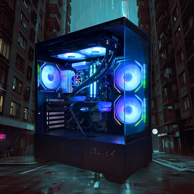 VÖXBURG Protocol 3 gaming PC, glass side panel showing internal hardware