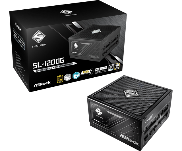 ASRock Steel Legend fully modular ATX 80 PLUS Gold power supply, front angle