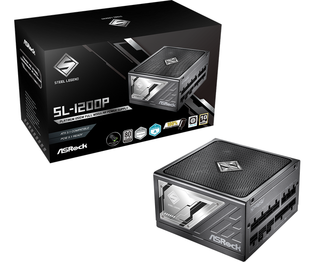 ASRock Steel Legend ATX 80 PLUS Platinum power supply, front angle