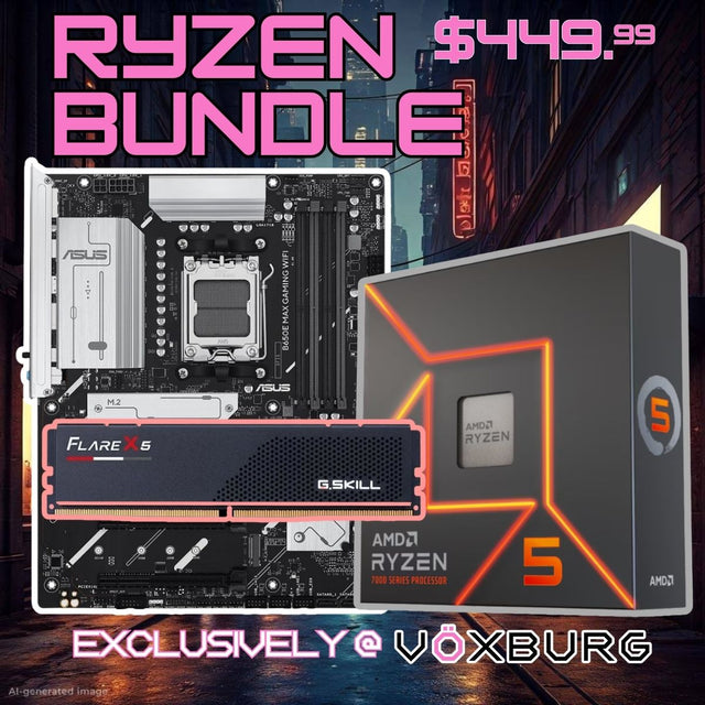 VÖXBURG AM5 upgrade bundle pairing a Ryzen 5 7600X with a B650 motherboard and DDR5 memory