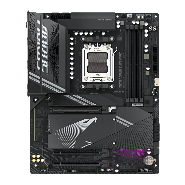 GIGABYTE X870 AORUS ELITE WIFI7 AM5 motherboard, top-down view