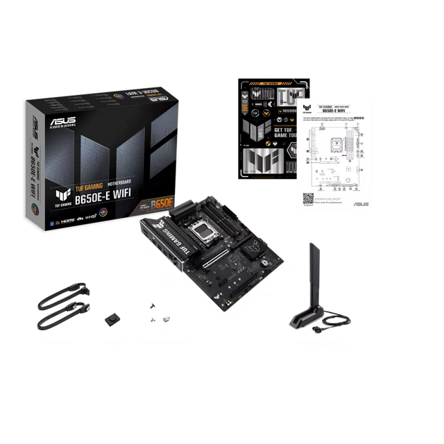 ASUS TUF GAMING B650E-E WIFI AM5 motherboard with PCIe 5.0 slots, top-down view