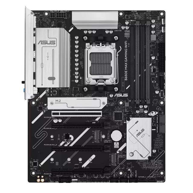 ASUS B650E MAX GAMING WIFI AM5 motherboard, top-down view of heatsinks and PCIe slots