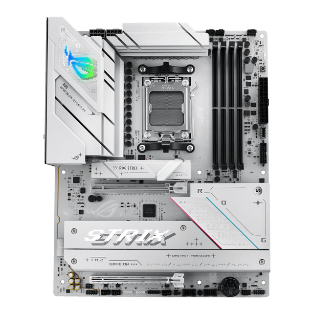 ASUS ROG STRIX B850-A GAMING WIFI AM5 motherboard in white, top-down view